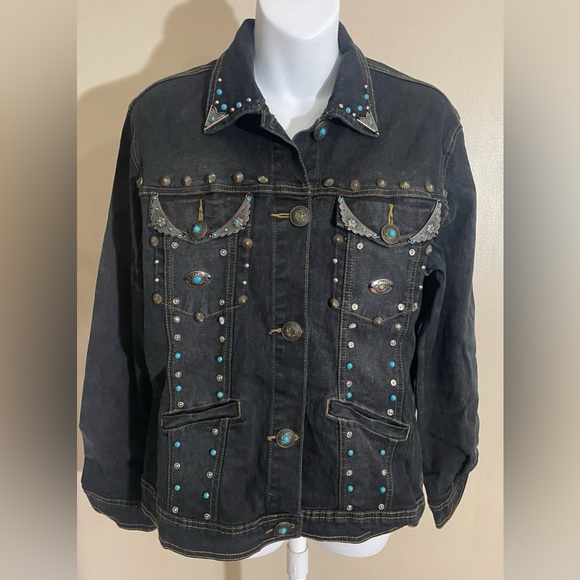 DIANE GILMAN DG2 WOMENS DENIM JACKET TURQUOISE BLACK STUDDED WESTERN MEDIUM - Picture 1 of 8